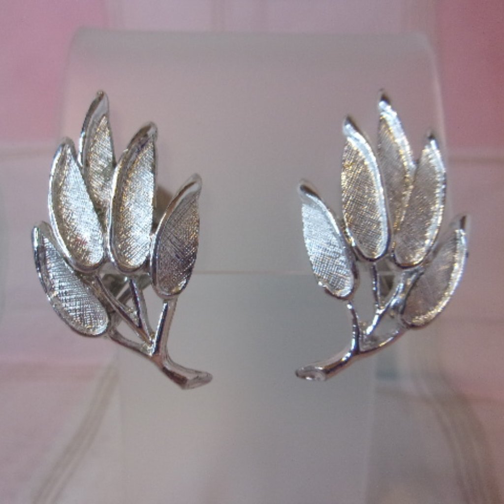 Judy Lee Brushed Silver Tone Leaves Clip Earrings